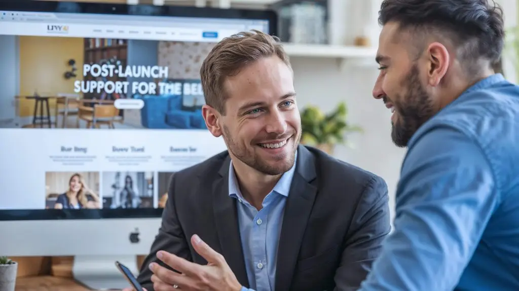 Two professionals discussing web design strategies in front of a computer screen displaying a website with the text 'Post-Launch Support for the Best,' emphasizing Tampa web designer services.