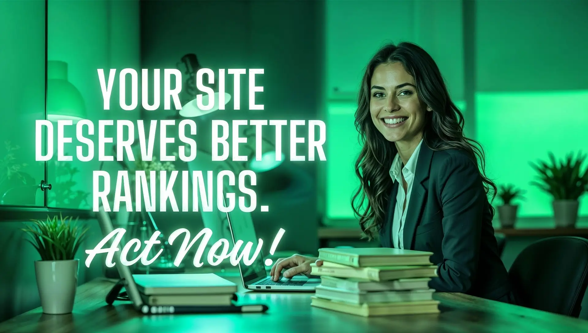 Professional woman in a modern office highlighting better rankings with SEO services.